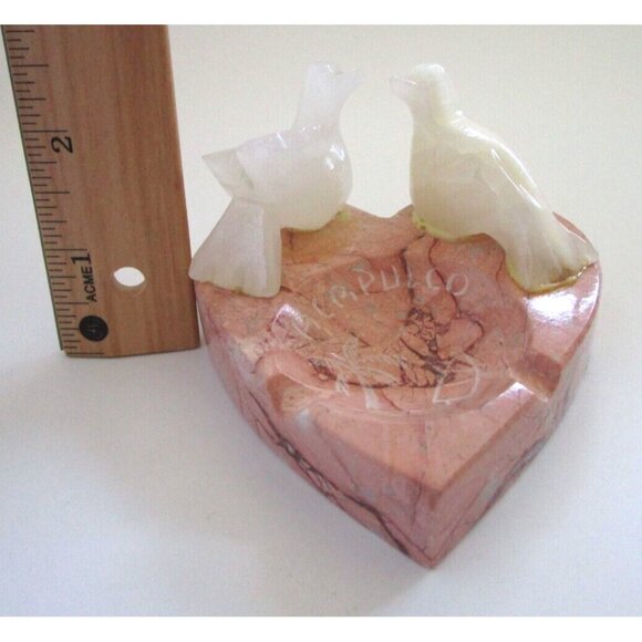 Mexican Souvenir White Alabaster Birds Pink Granite Stone Heart Ashtray Handmade - Picture 9 of 11